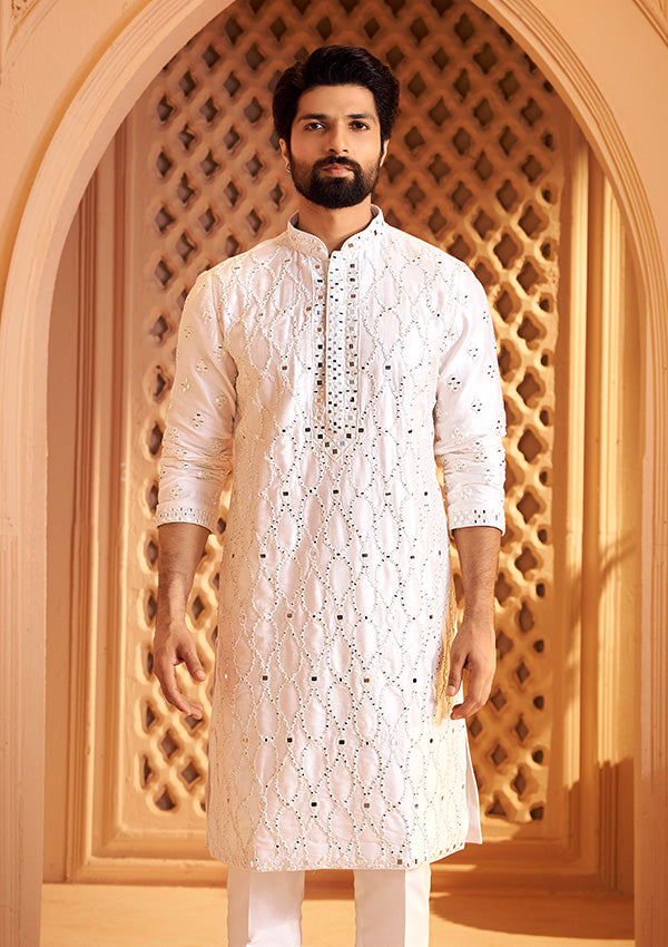 Pearl White Fire Silk Kurta with All Over Mirror and Resham Thread Embroidery