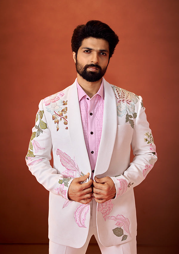 Ivory Textured Tuxedo Suit with Multicolour Resham Thread and Beaded Embroidery
