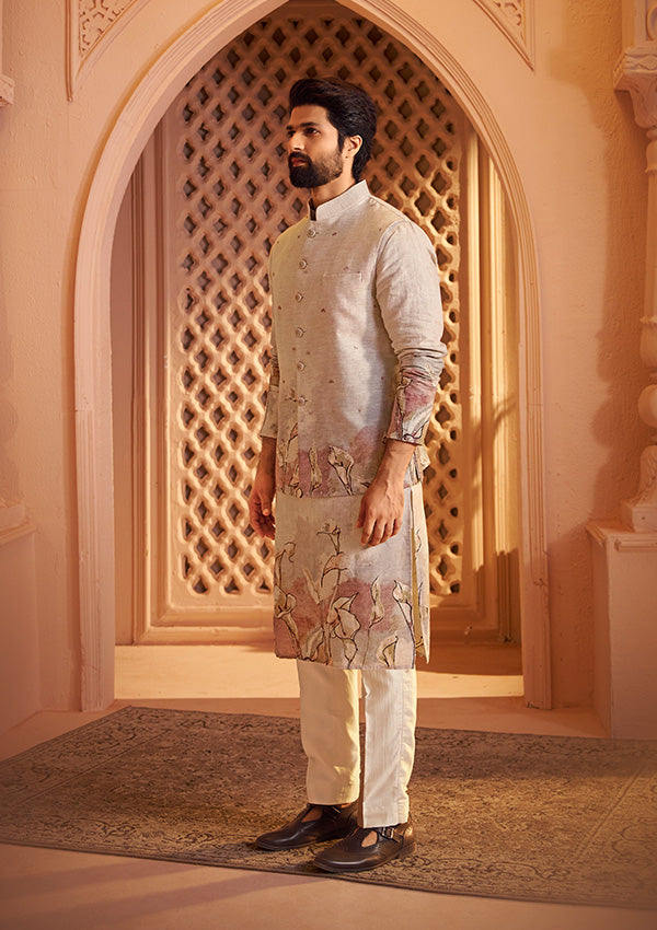 Natural Linen Kurta Koti With Ombre Print and Thread Embroidery