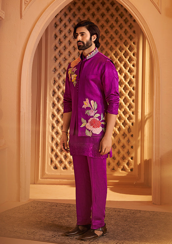 Purple Mauve Taffeta Silk & Linen Satin Kurta with Resham & Cut Dana Work