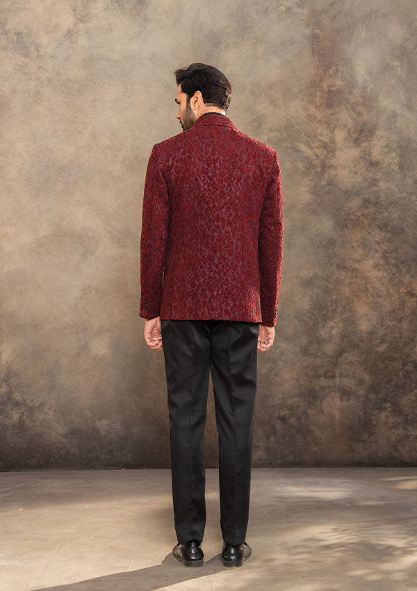 Reddish Maroon Net Fabric Suit with Hand Embellished Lapel