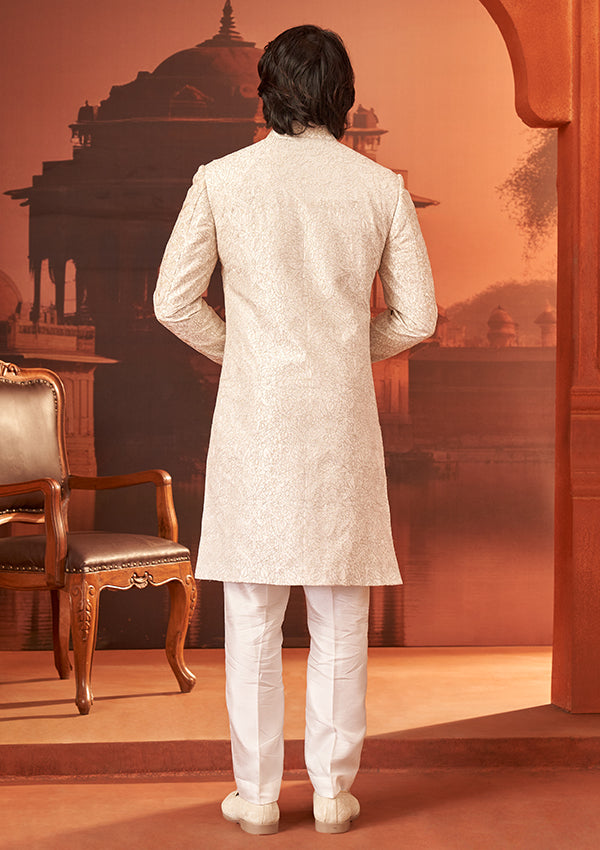 Off White Raw Silk Sherwani with multi color thread work