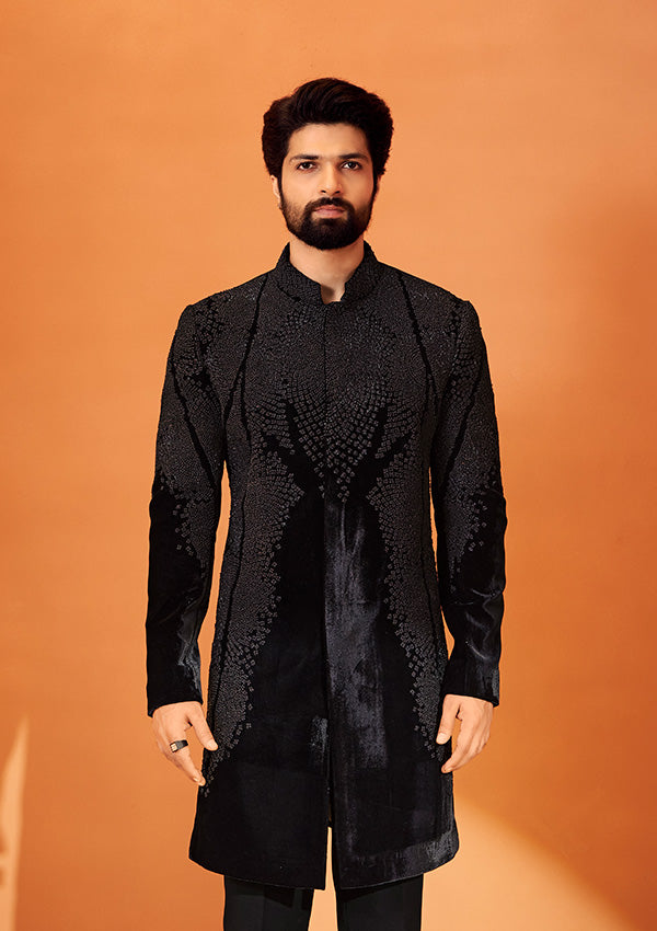 Black Velvet Indo Western with Zari French Knot Detailing