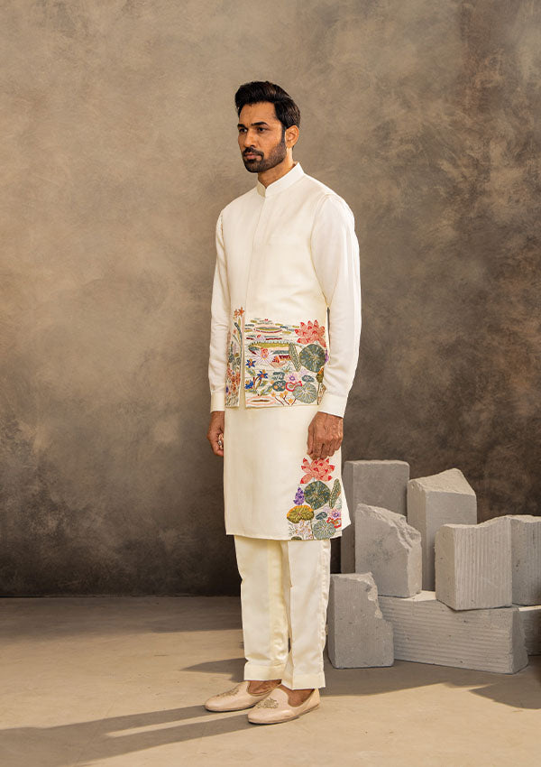 Pearl Off White Linen Blend Kurta Set with Multicolour Thread Work Koti
