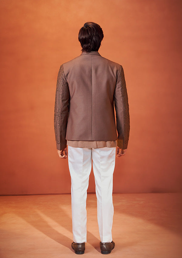 Light Brown Textured Bandhgala with Golden Pearl Detailing