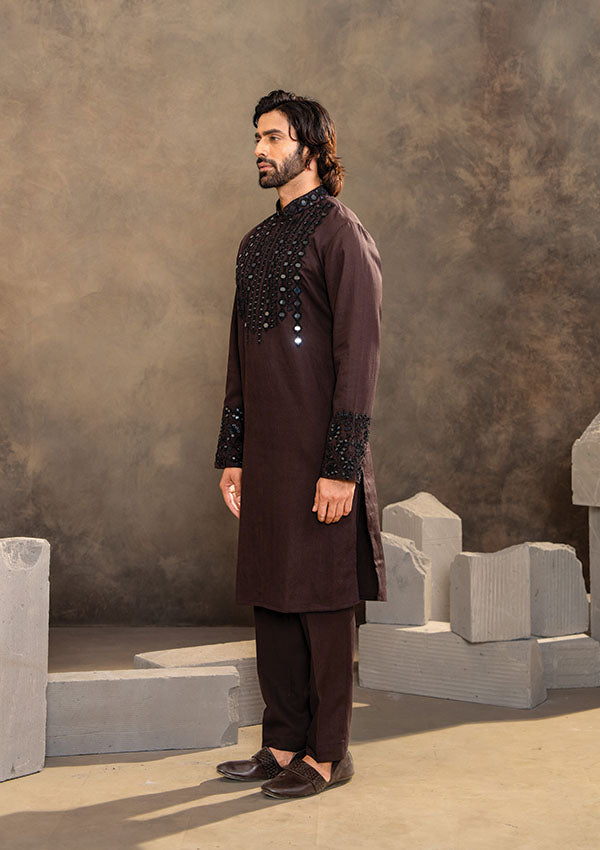 Brown Linen Blend Kurta Set with Mirror Work Collar and Patti Detail