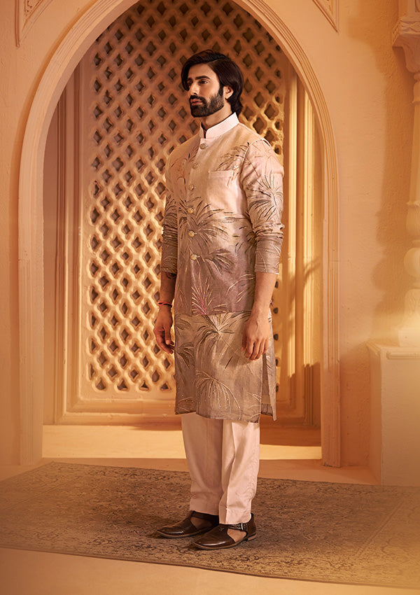 Natural Linen Kurta with Ombre Print and Handcrafted Thread Embroidery
