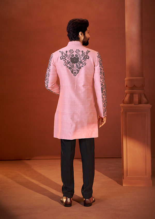 Light Peach Raw Silk Indo Western Sherwani with Handcrafted Oxidized Stone Embroidery