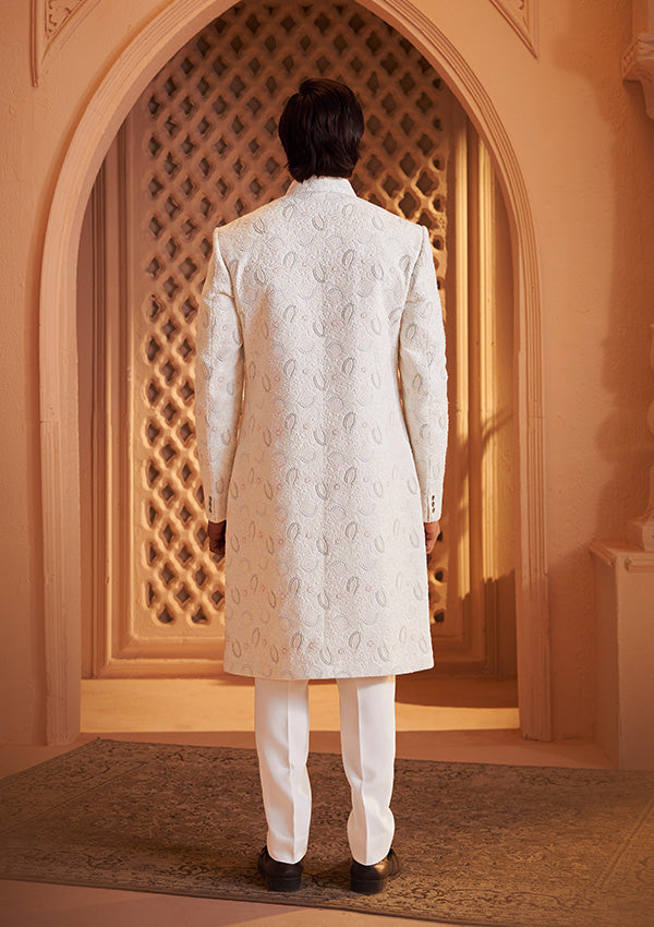 Ivory Georgette Lucknowi Sherwani with Multicolour Resham Embroidery