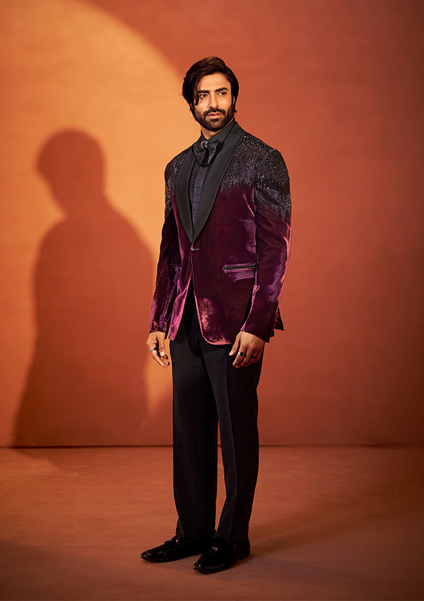Maroon Wine Velvet Tuxedo Suit with Black Stone Embroidery Hand Work