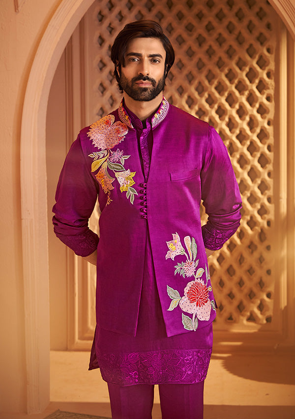 Purple Mauve Taffeta Silk & Linen Satin Kurta with Resham & Cut Dana Work