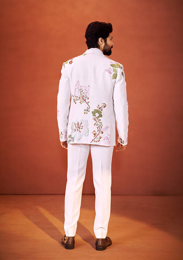 Ivory Textured Tuxedo Suit with Multicolour Resham Thread and Beaded Embroidery