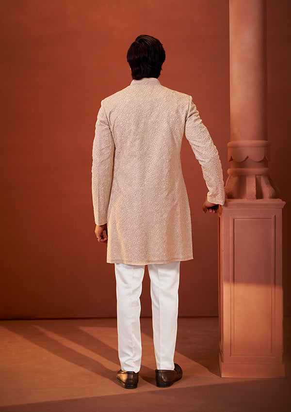 Beige Gold Organza Tissue & Georgette Indo Western Kurta with Pearl Embroidery Work