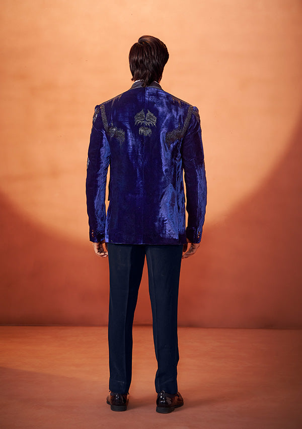 Navy Blue Velvet Tuxedo Suit with Handcrafted Beaded Embroidery