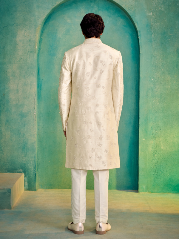 Off White Raw Silk Sherwani with Cutdana Hand Work Embroidery