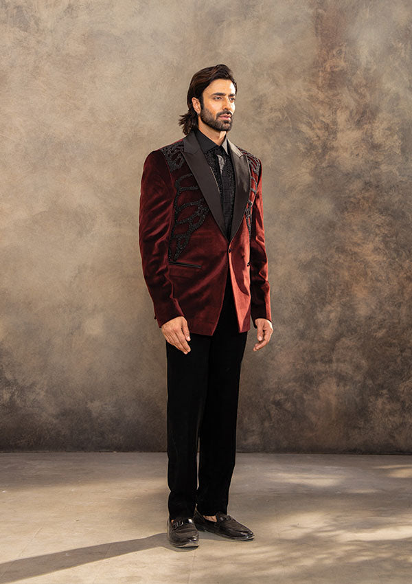 Maroon Suede Fabric Suit with Pearl and Cutdana Work