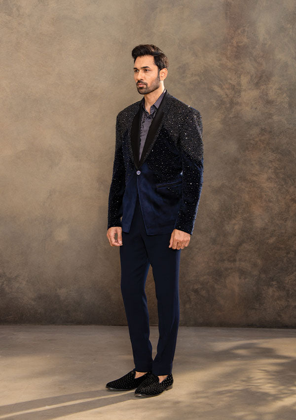 Blue Velvet Suit with Multi Material Hand Embroidery and Satin Shirt