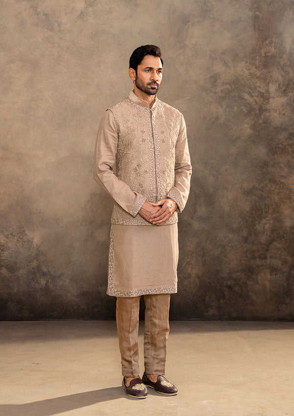 Light Brown Linen Kurta Set with Thread, Patch and Cutmoti Work Koti