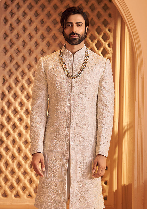 Light Cream Raw Silk Sherwani Resham Work with All-over Zari & Pearl Detailing