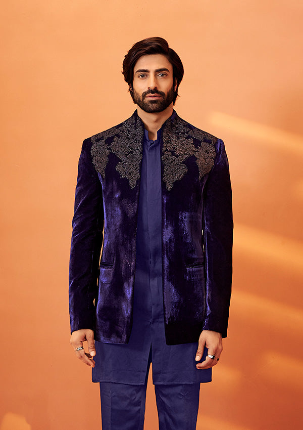 Blue Velvet Indo Western Kurta with Zari French Knot and Cut Dana Work