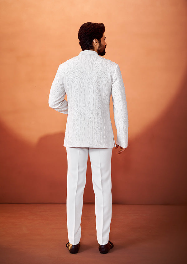 Ivory Textured Bandhgala with Intricate Pearl Handwork