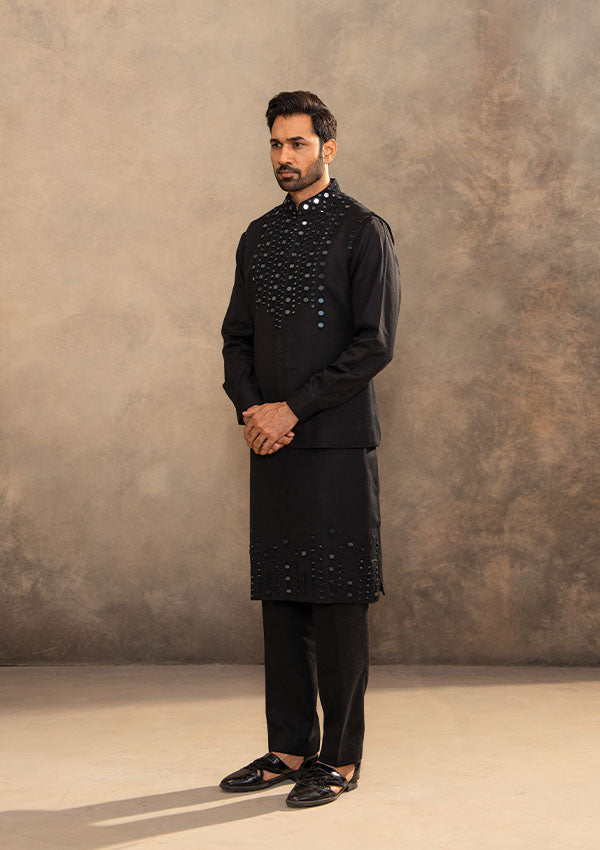 Black Linen Satin Kurta Set with Mirror and Thread Work Koti