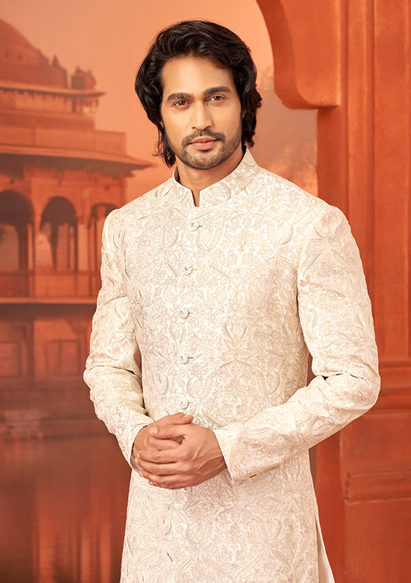 Off White Raw Silk Sherwani with multi color thread work