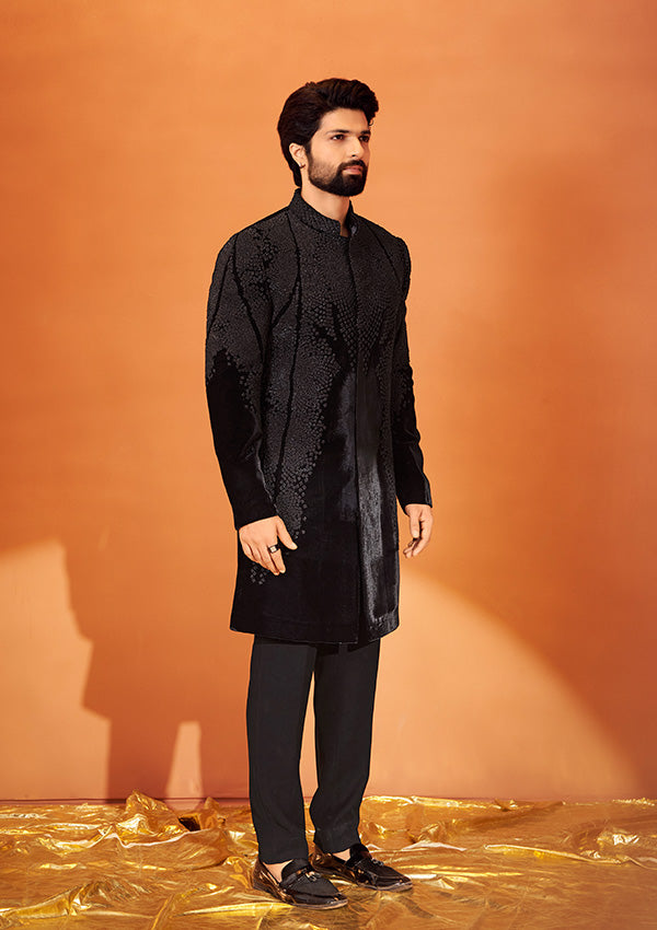 Black Velvet Indo Western with Zari French Knot Detailing