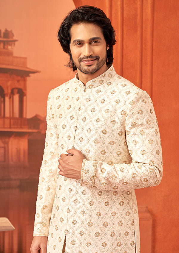 Cream Raw Silk Sherwani With All over thread work with tiki