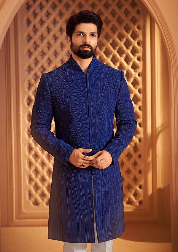 Royal Blue Enigma Indo Western Sherwani with Handcrafted Thread Embroidery