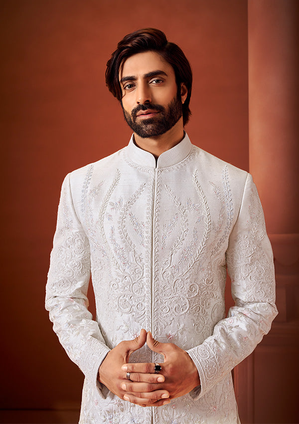 Off White Raw Silk Sherwani with Signature Resham Thread and Pure Pearl Work