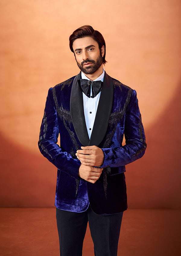 Navy Blue Velvet Tuxedo Suit with Handcrafted Beaded Embroidery