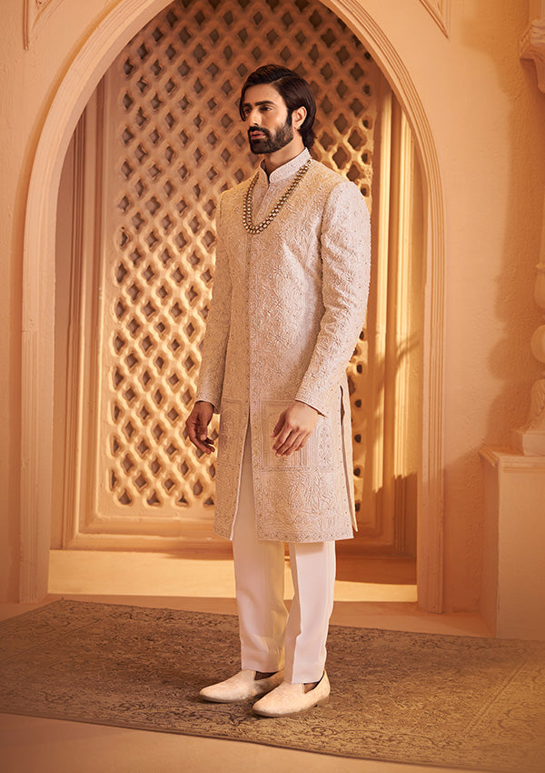 Light Cream Raw Silk Sherwani Resham Work with All-over Zari & Pearl Detailing