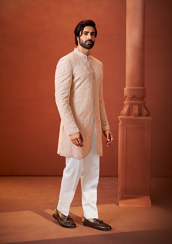 Beige Gold Organza Tissue & Georgette Indo Western Kurta with Pearl Embroidery Work