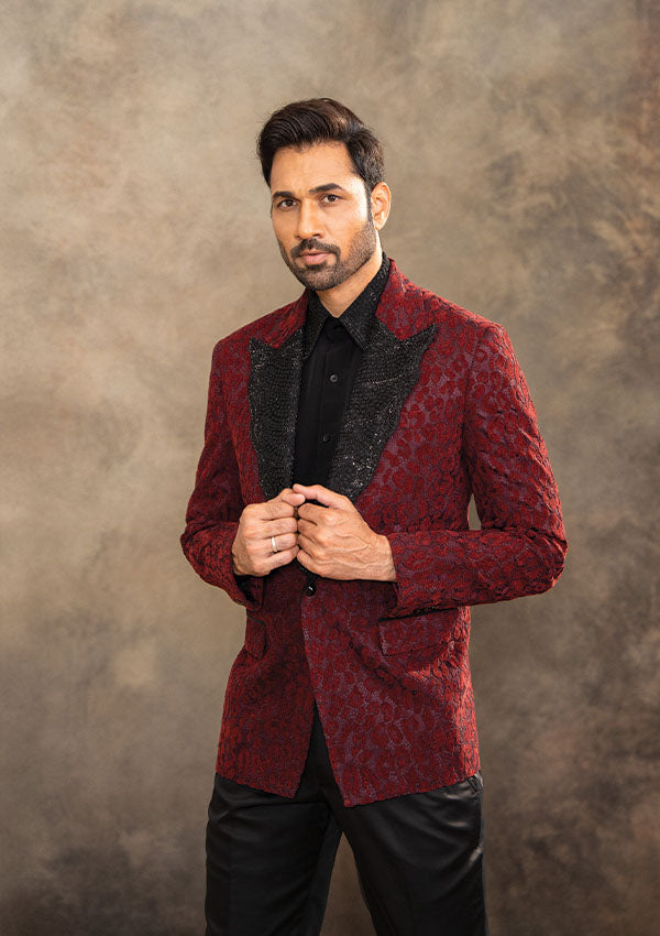 Reddish Maroon Net Fabric Suit with Hand Embellished Lapel