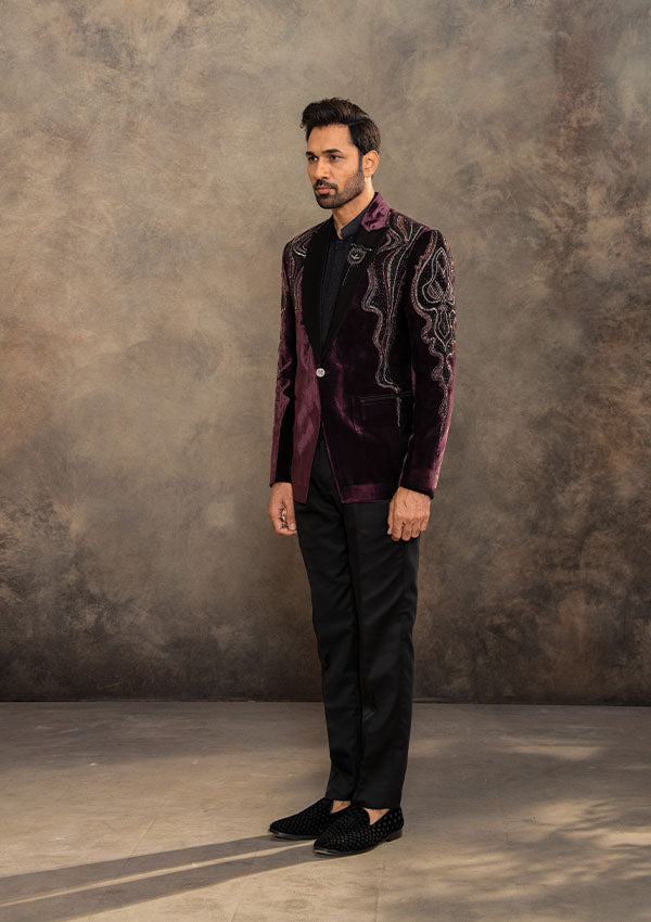 Purple Suede Fabric Suit with Pearl and Cutdana Salli Work