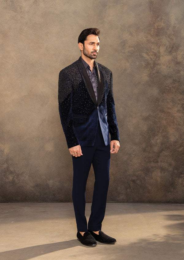 Blue Velvet Suit with Multi Material Hand Embroidery and Satin Shirt