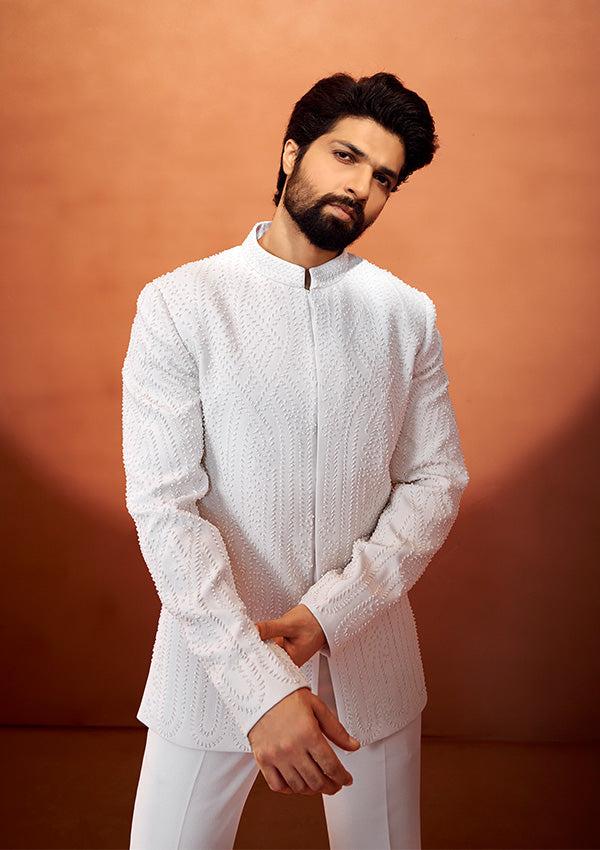 Ivory Textured Bandhgala with Intricate Pearl Handwork