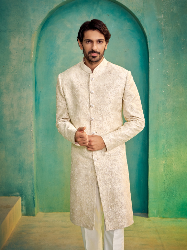 Off White Raw Silk Sherwani with Cutdana Hand Work Embroidery