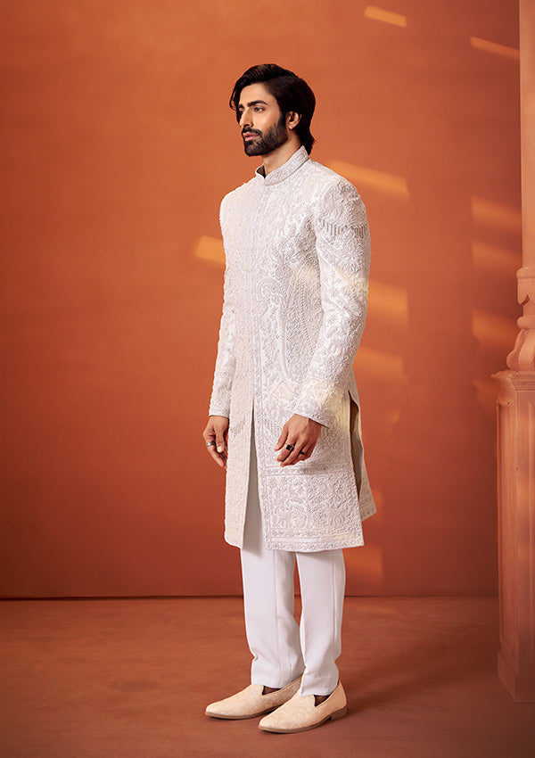 Ivory Raw Silk Sherwani with Resham Thread and Pearl Hand Work