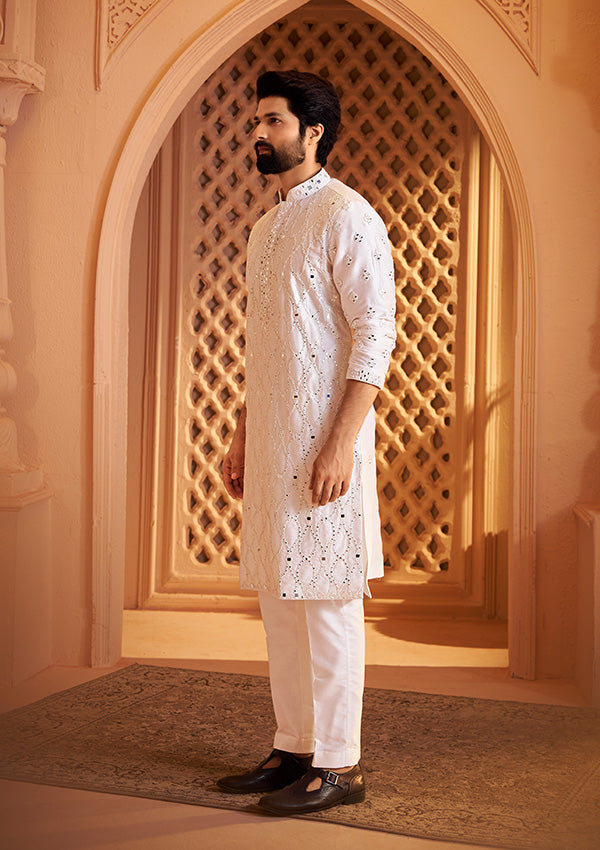 Pearl White Fire Silk Kurta with All Over Mirror and Resham Thread Embroidery