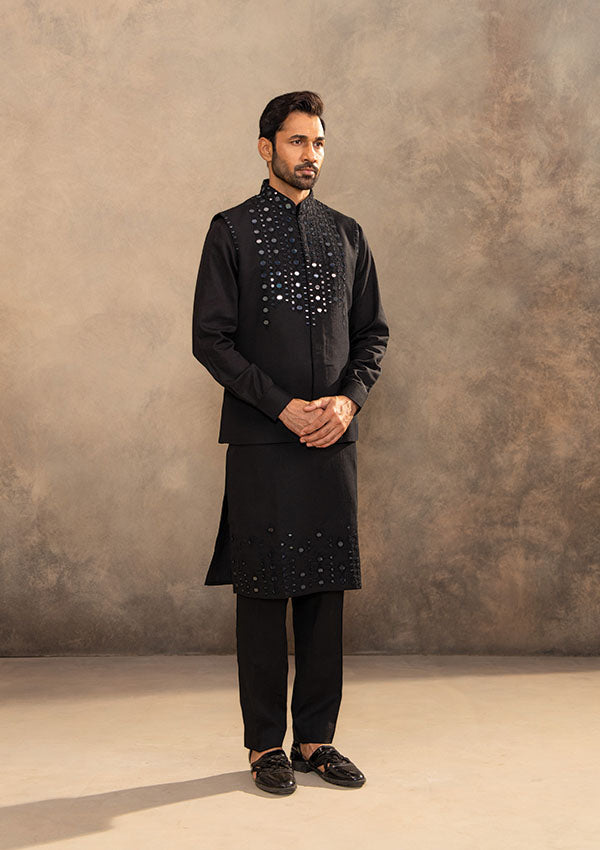 Black Linen Satin Kurta Set with Mirror and Thread Work Koti