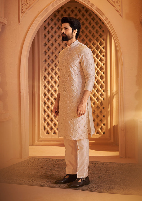 Rose Gold Fire Silk Kurta with Handcrafted Golden Kasab Embroidery