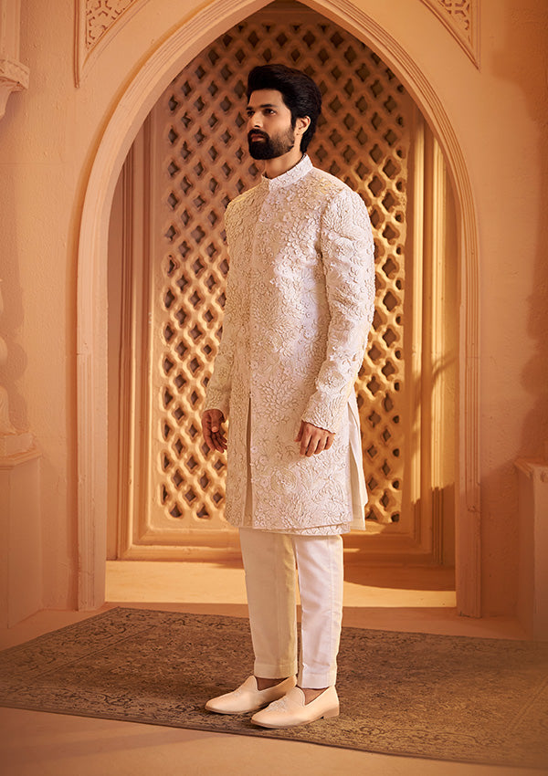 Off White Raw Silk Sherwani  with Resham and Leather Finish Applique Work