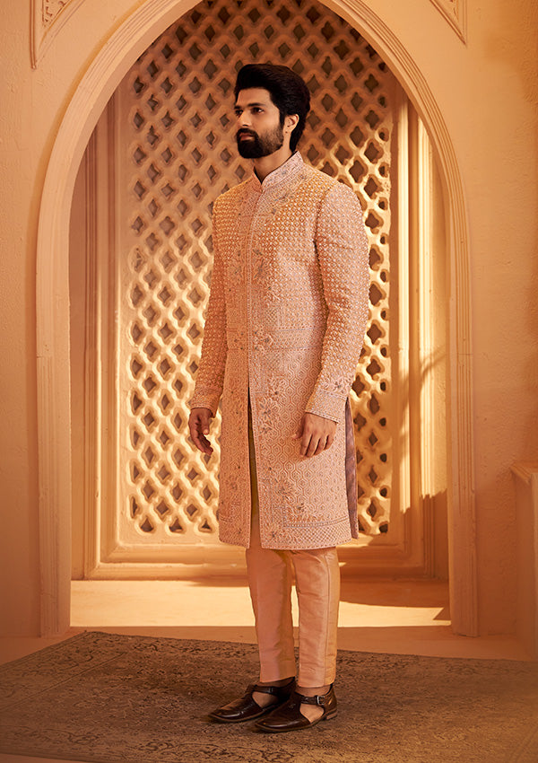 Peach Raw Silk Sherwani Handcrafted Resham Work with Pearl and Cut Dana Detailing