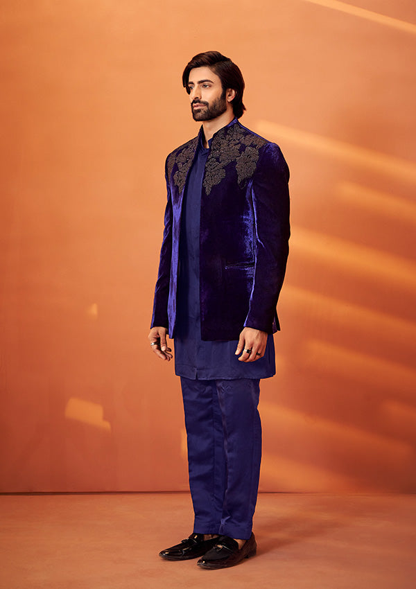 Blue Velvet Indo Western Kurta with Zari French Knot and Cut Dana Work
