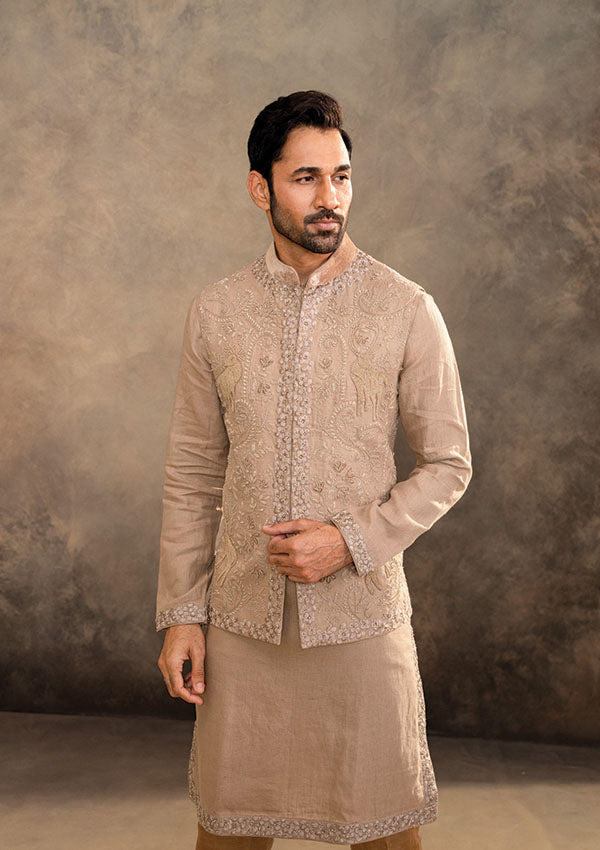Light Brown Linen Kurta Set with Thread, Patch and Cutmoti Work Koti