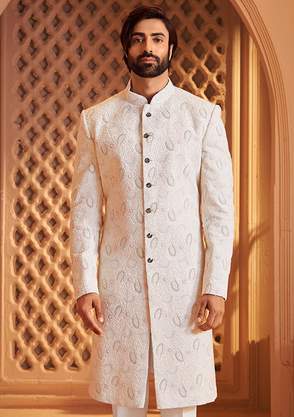 Ivory Georgette Lucknowi Sherwani with Multicolour Resham Embroidery