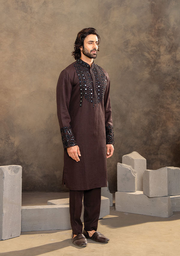 Brown Linen Blend Kurta Set with Mirror Work Collar and Patti Detail