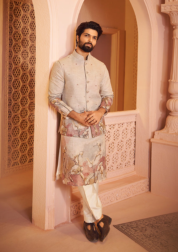 Natural Linen Kurta Koti With Ombre Print and Thread Embroidery